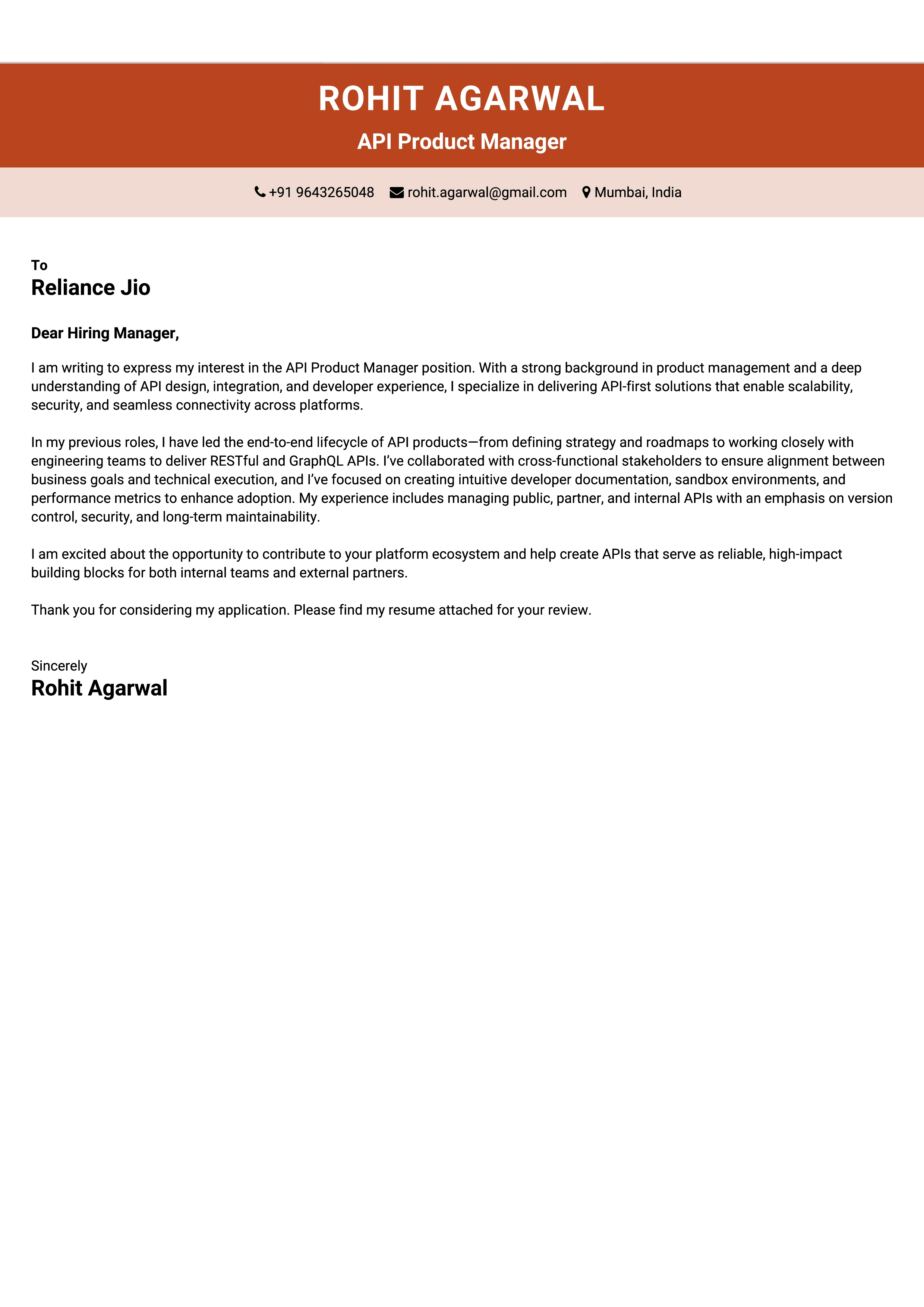 API Product Manager Cover Letter Sample & Tips