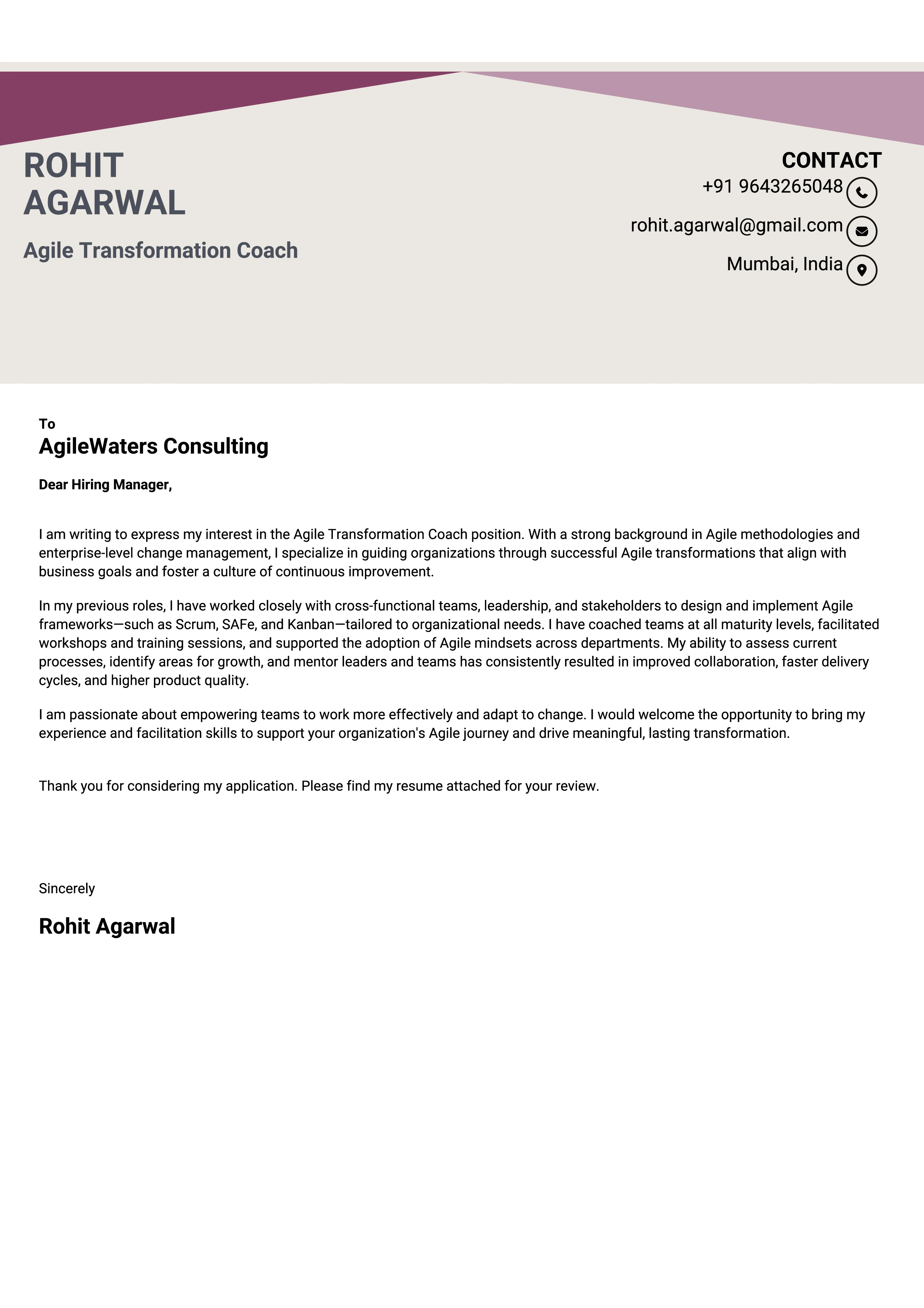 Agile Transformation Coach Cover Letter Sample & Tips