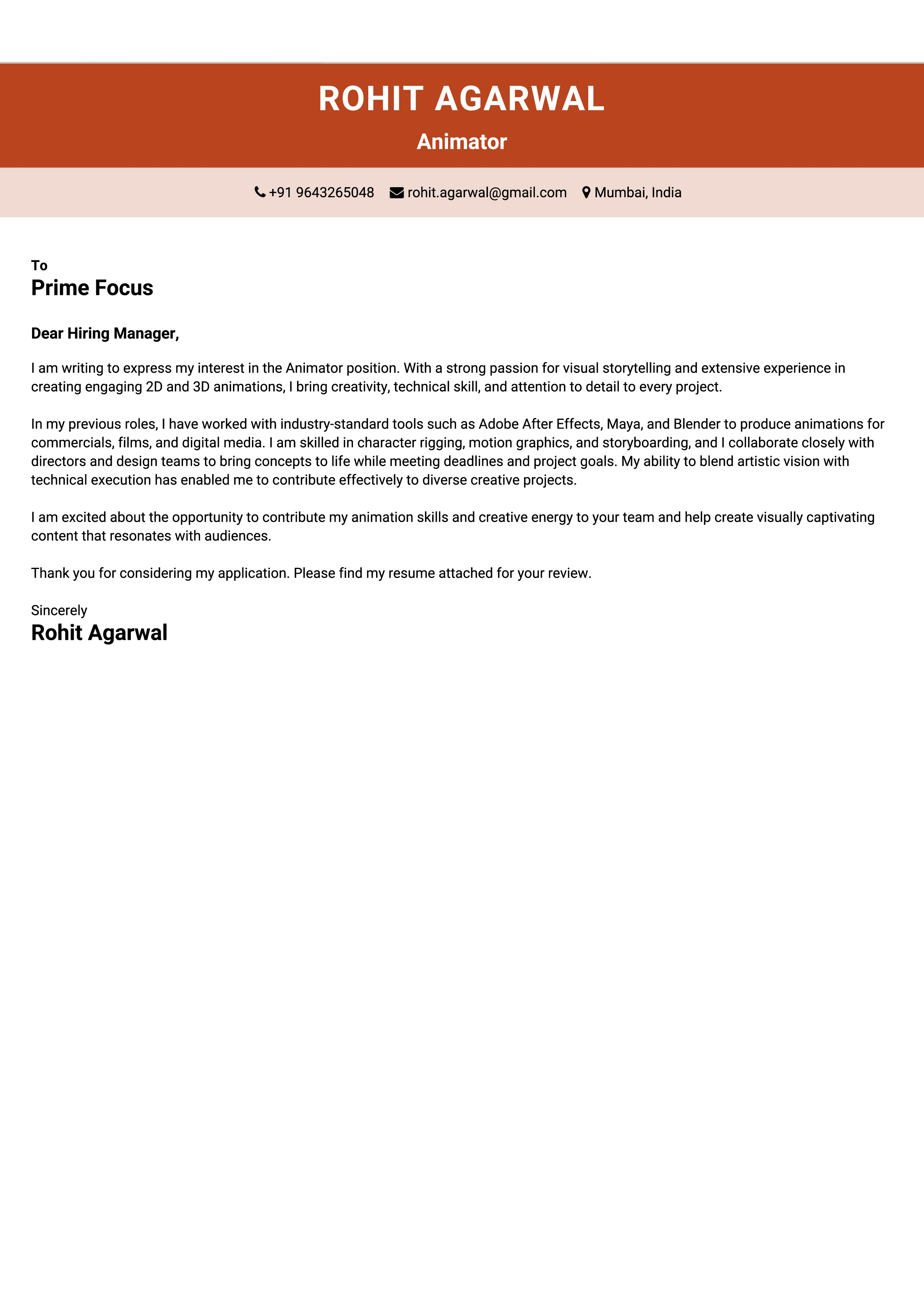 Animator Cover Letter Sample & Tips