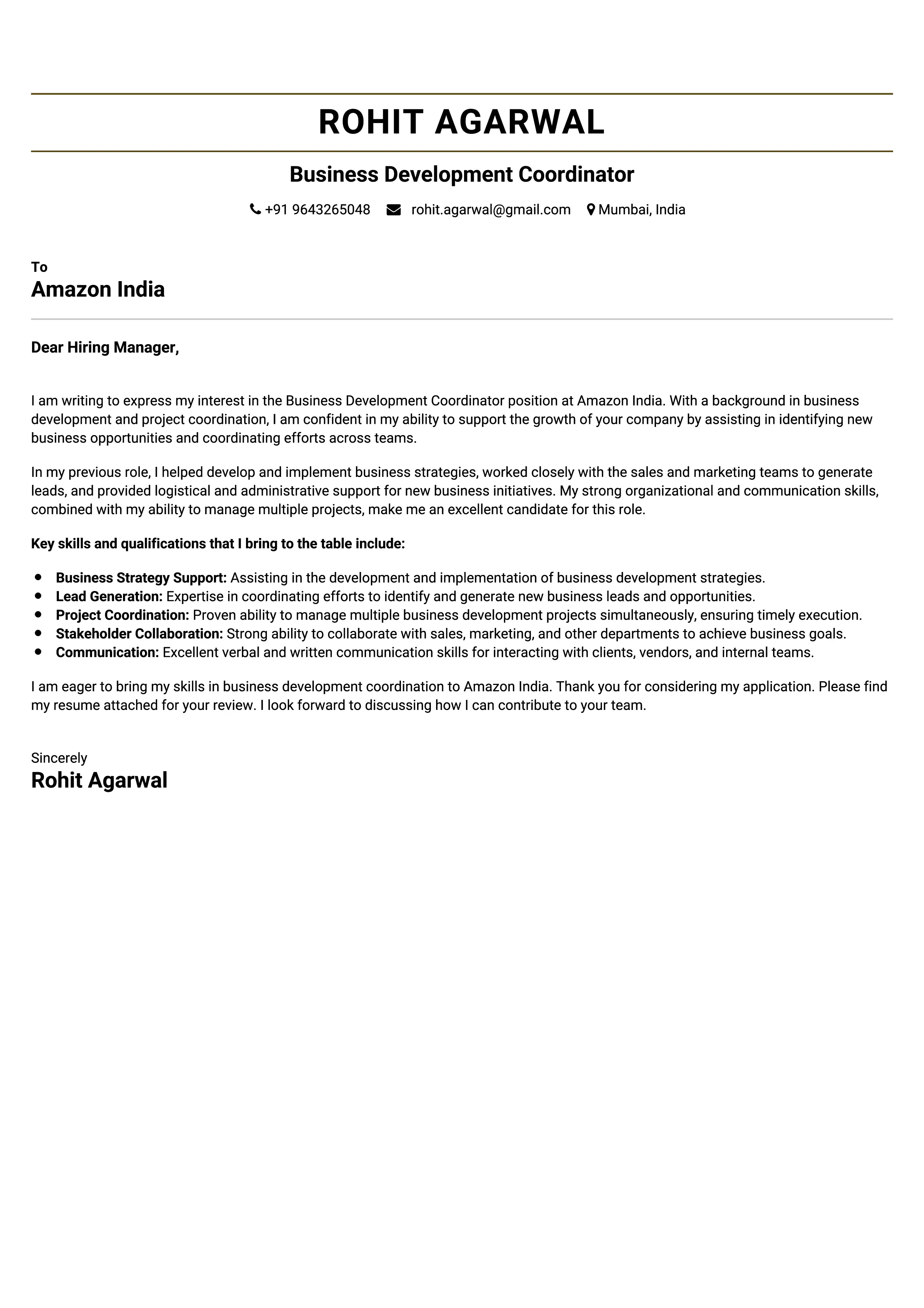 Business Development Coordinator Cover Letter Sample & Tips