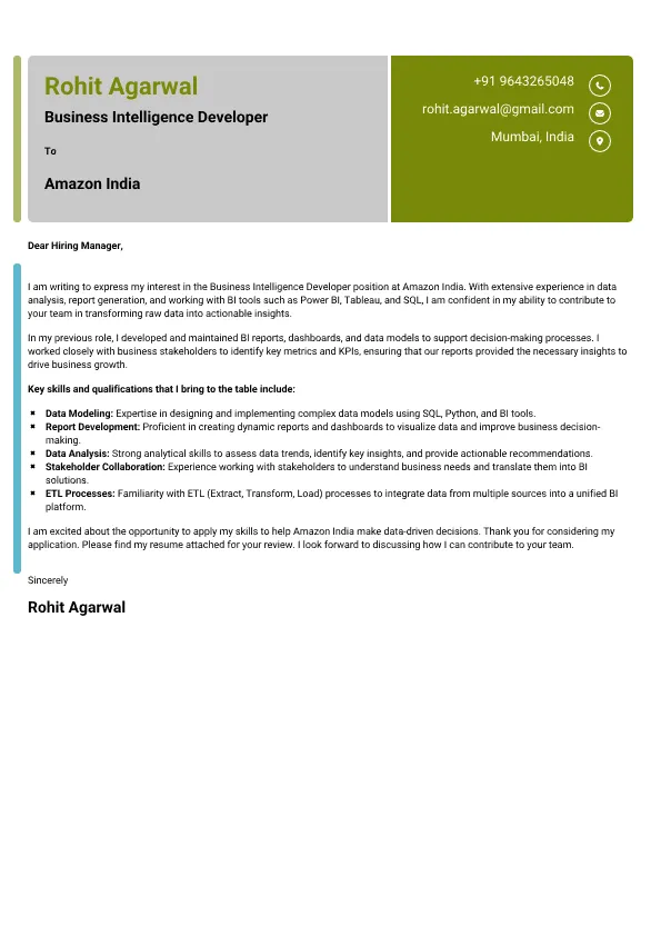Business Intelligence Developer Cover Letter Sample & Tips