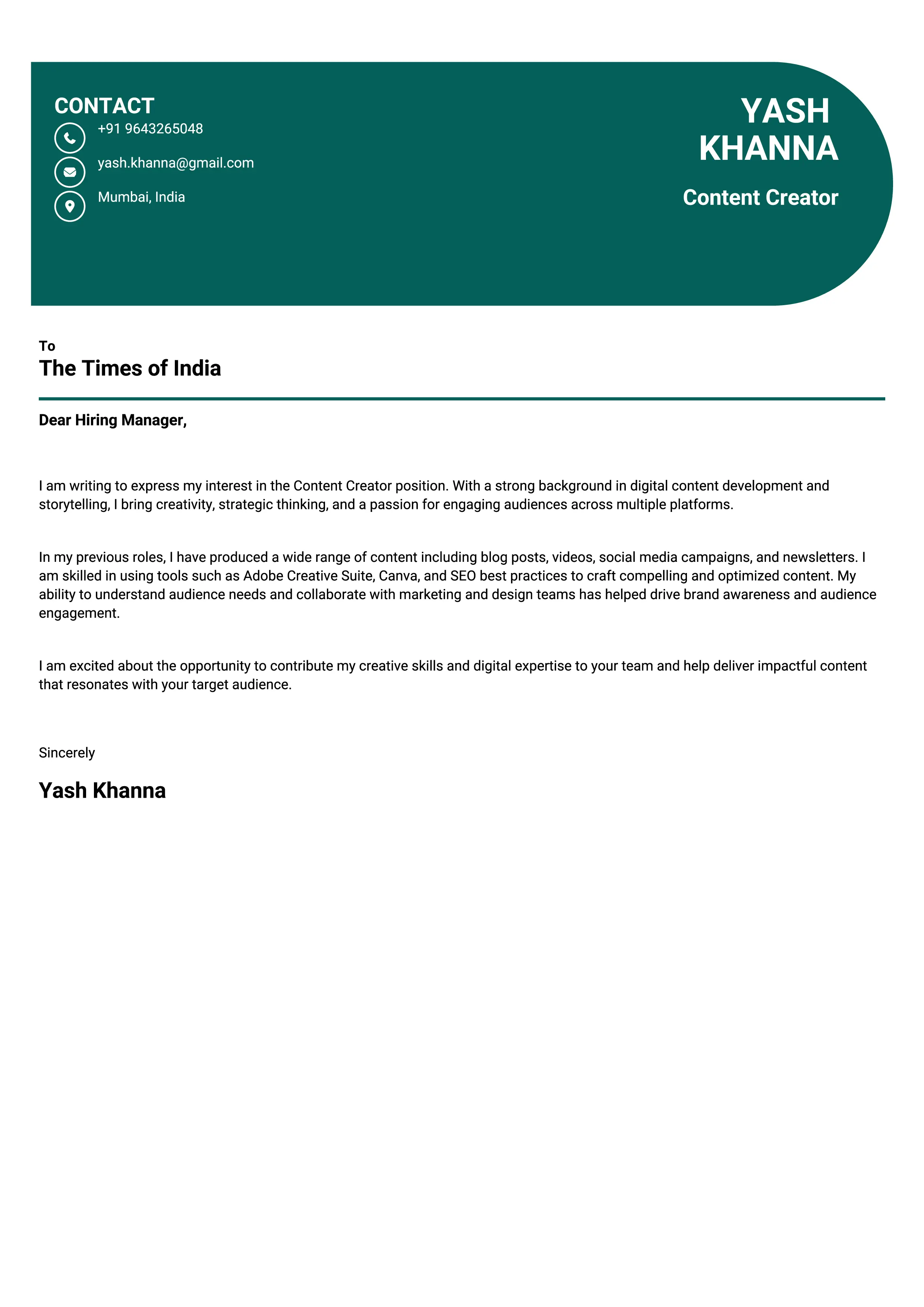 Content Creator Cover Letter Sample & Tips