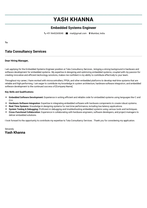 Embedded Systems Engineer Cover Letter Sample & Tips
