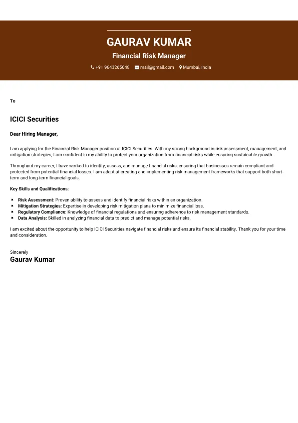 Financial Risk Manager Cover Letter Sample