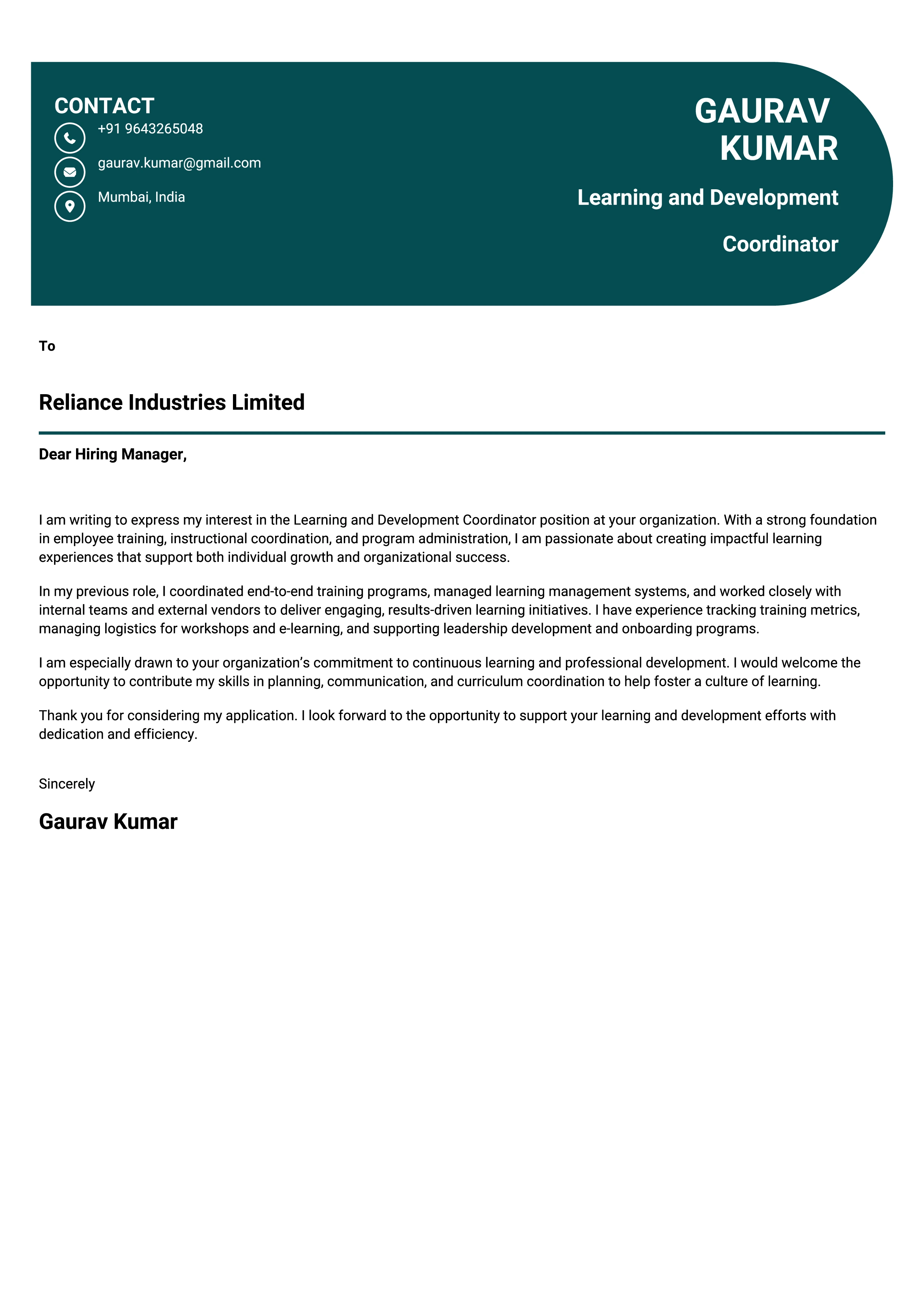 Learning and Development Coordinator Cover Letter Sample & Tips