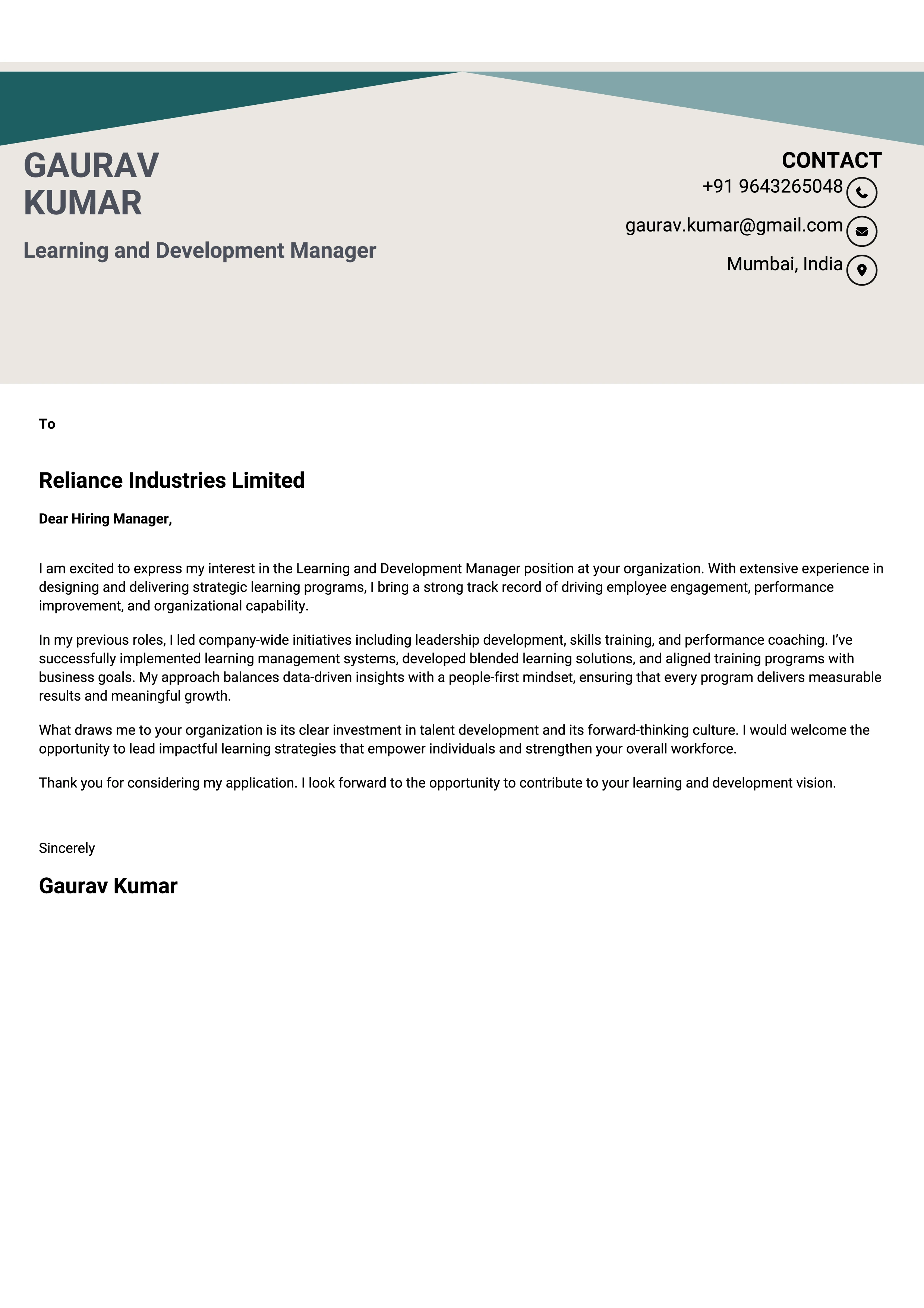 Learning and Development Manager Cover Letter Sample & Tips
