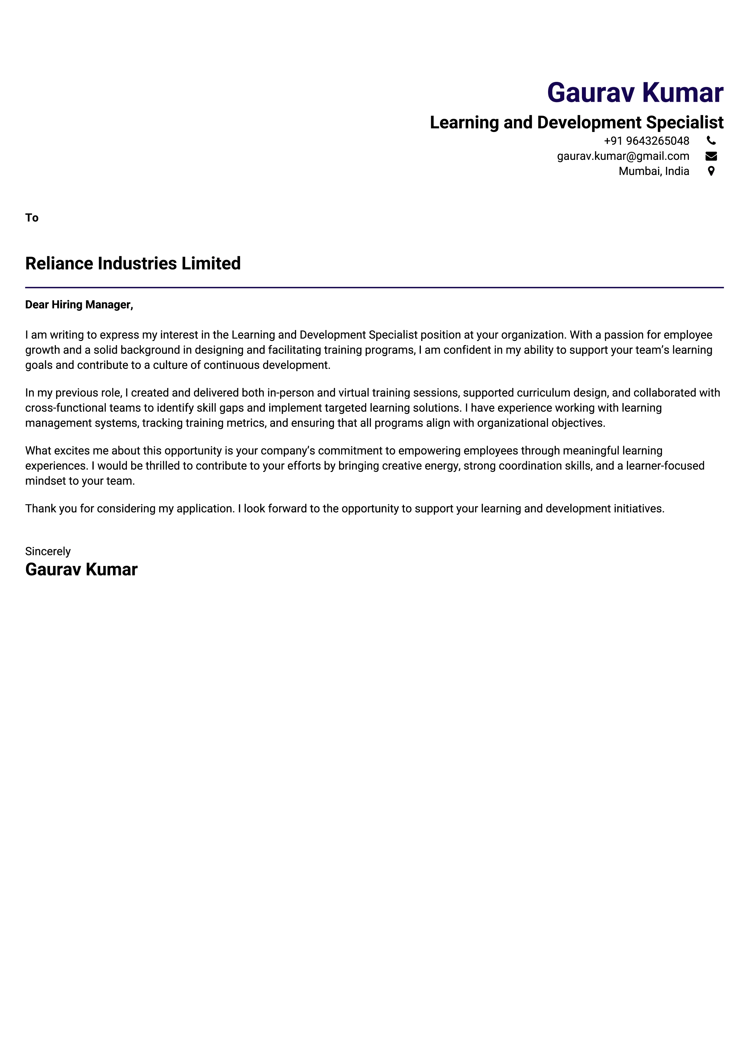 Learning and Development Specialist Cover Letter Sample & Tips