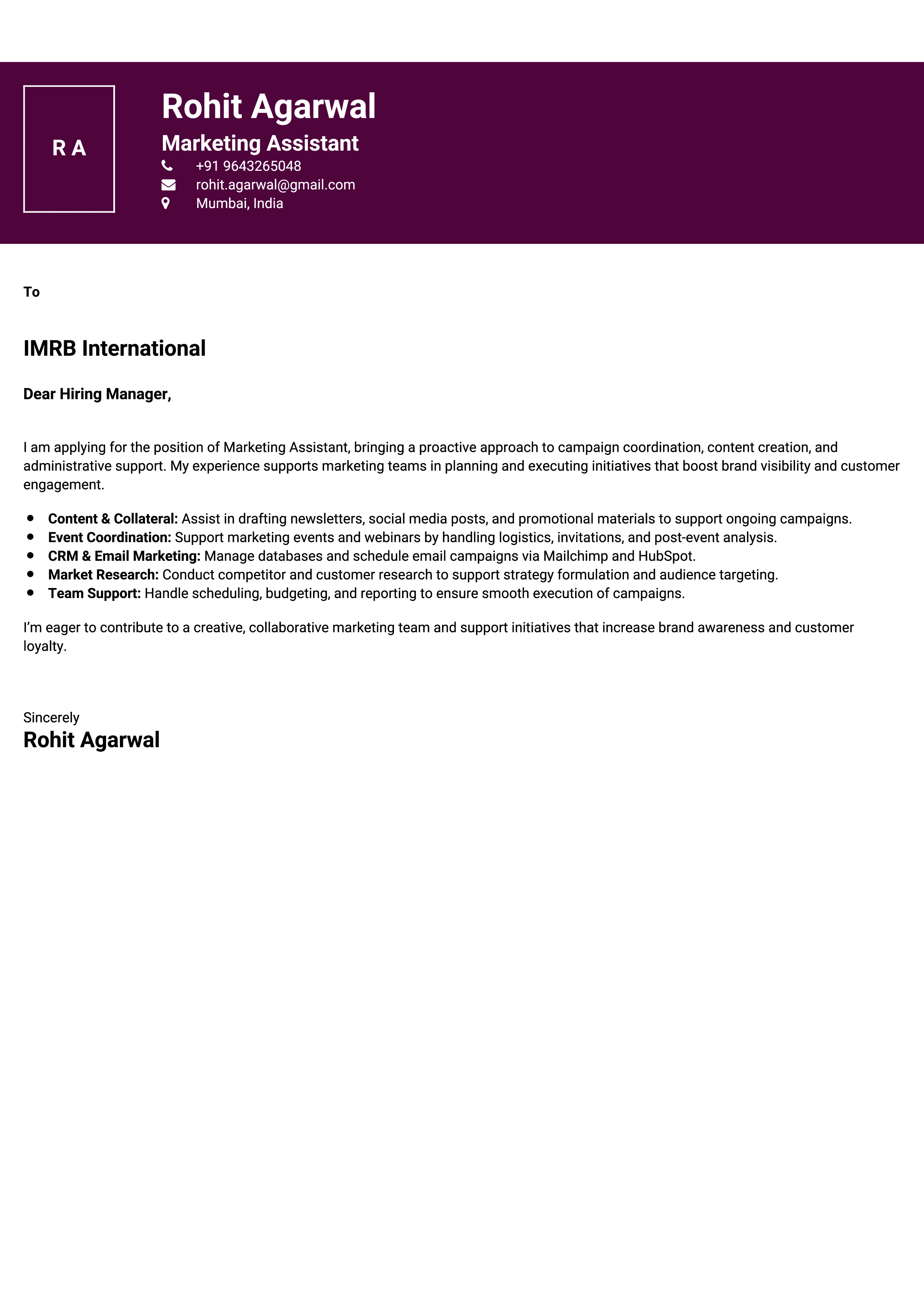 Marketing Assistant Cover Letter Sample & Tips